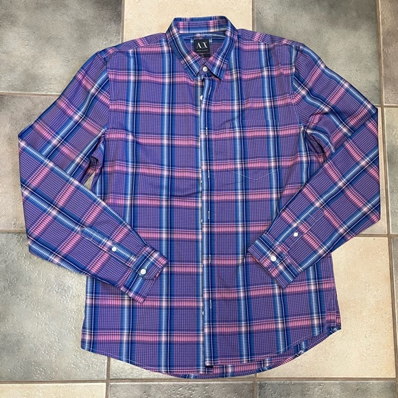 Armani Exchange Blue and Pink Checkered Shirt - Picture 1 of 4